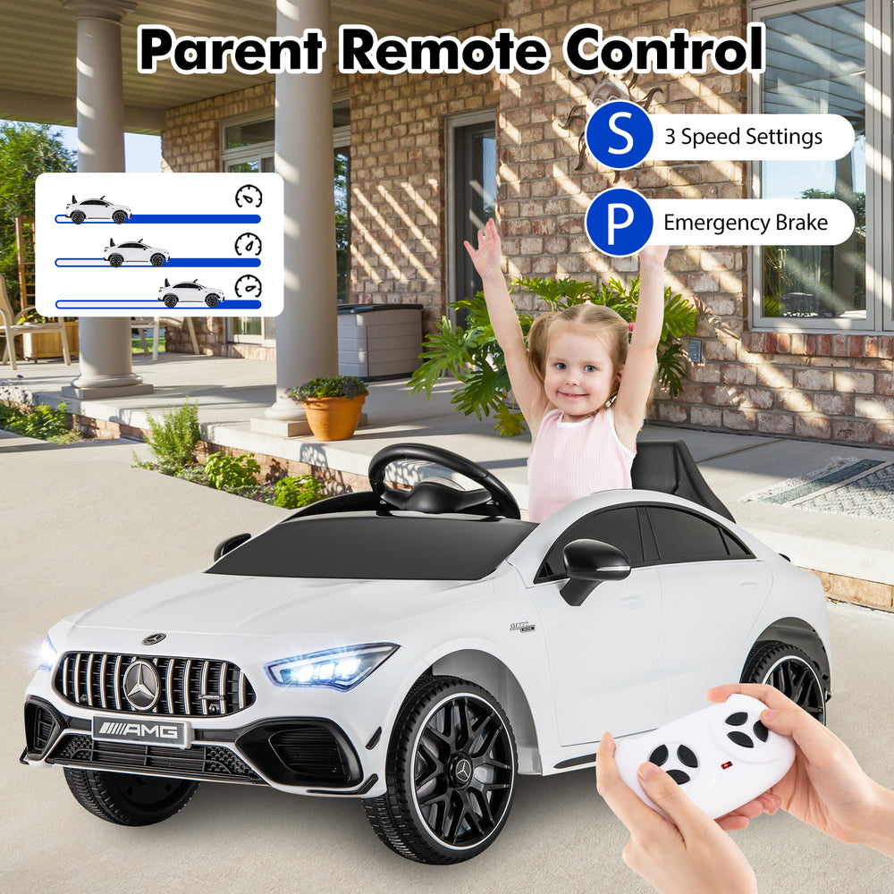 White 12V kids ride-on car Mercedes-Benz AMG CLA 45 with remote control, featuring 3 speed settings and LED lights.