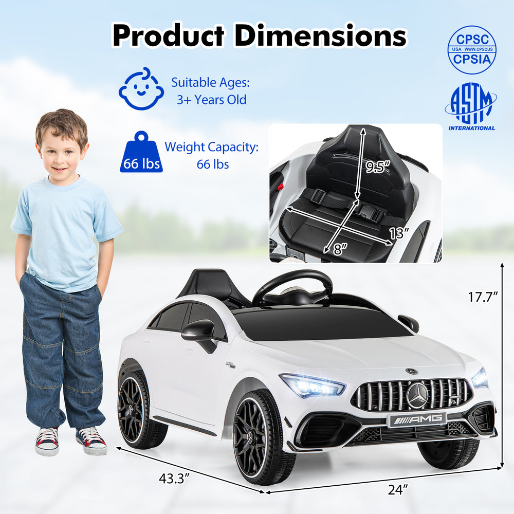 Kids ride-on car Mercedes-Benz AMG CLA 45 in white, featuring dimensions, weight capacity, and safety details for ages.