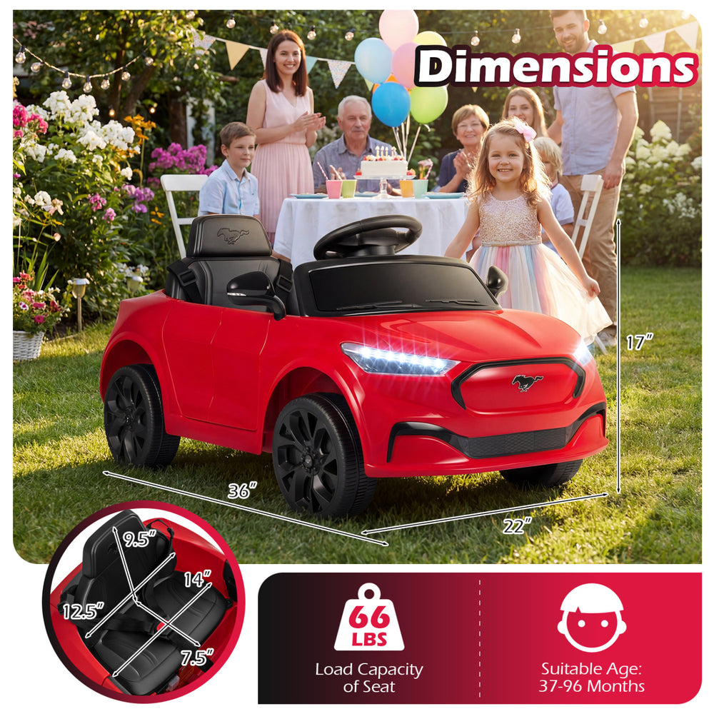 Red 12V kids ride-on car, licensed Ford Mach E, featuring a comfortable backrest and parent control for safe driving.