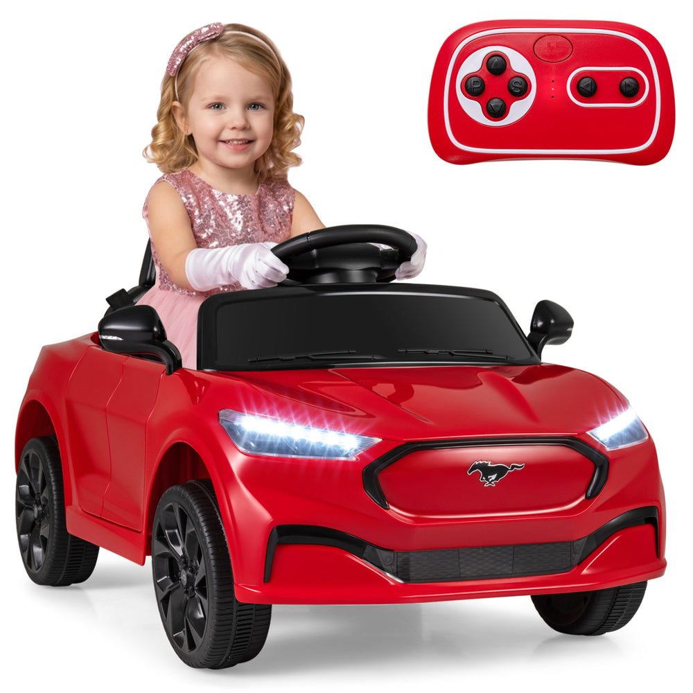 Red 12V kids ride-on car styled as a licensed Ford Mach E, featuring a multifunctional steering wheel and remote.