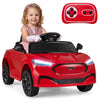 Red 12V kids ride-on car styled as a licensed Ford Mach E, featuring a multifunctional steering wheel and remote.
