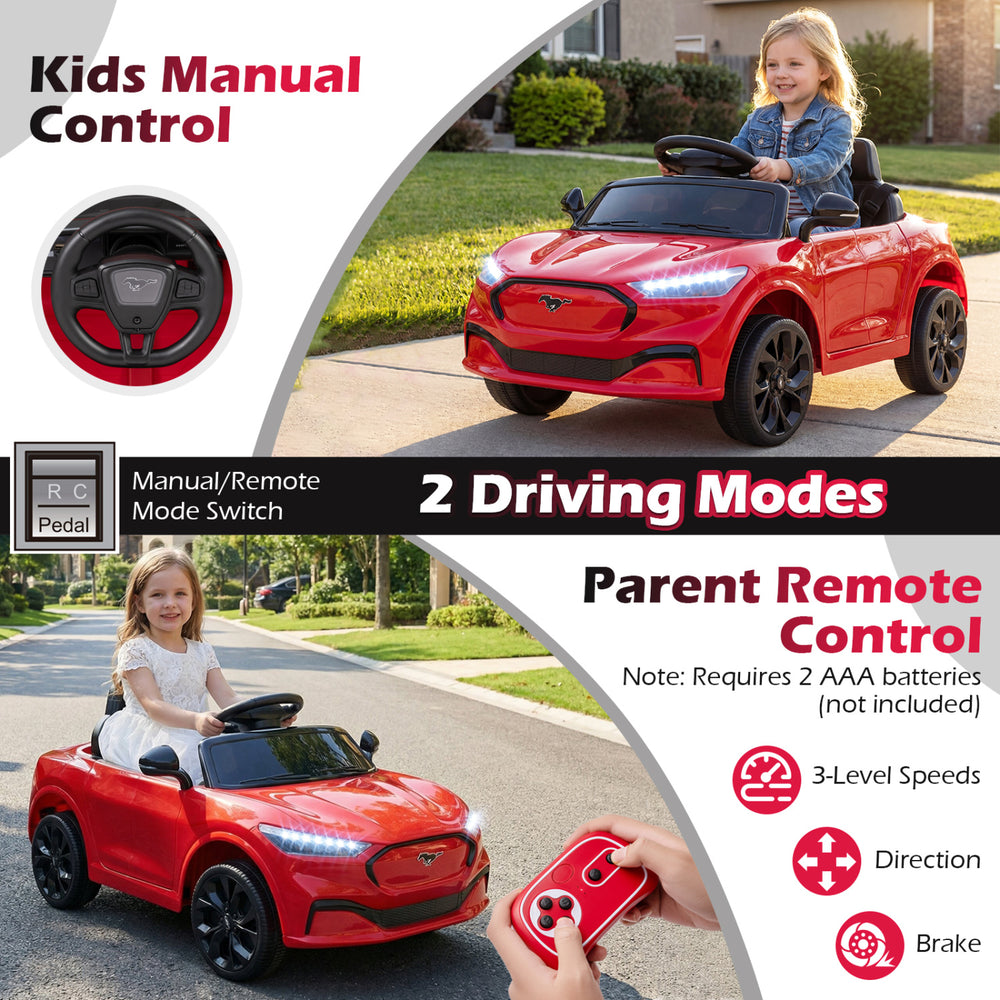 Licensed Ford Mach E 12V kids ride-on car in red with parent remote control, horn, and comfortable backrest for safety.