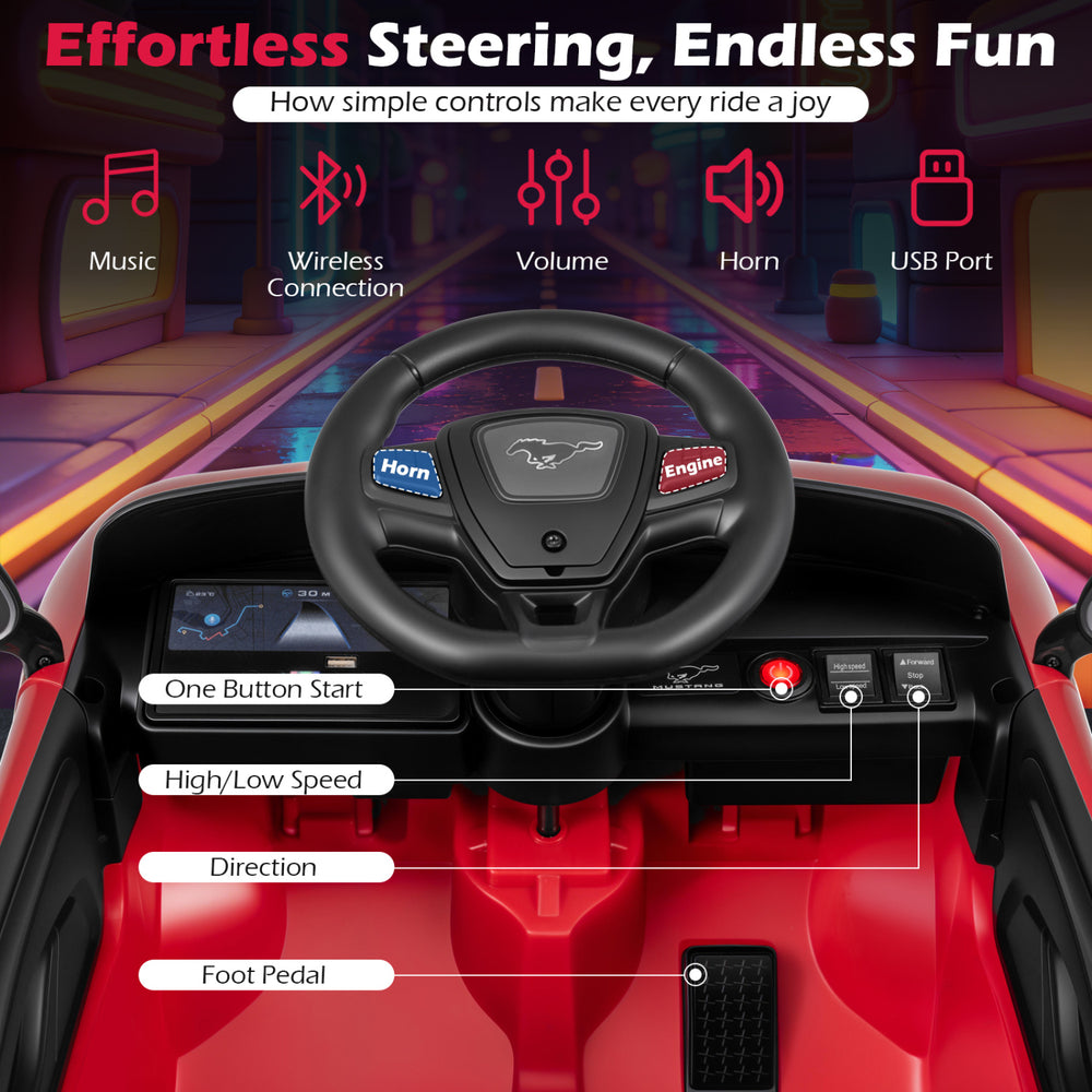 Multifunctional steering wheel of the 12V kids ride on car with horn, music controls, and buttons for speed and.