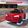 Red 12V kids ride-on car, licensed Ford Mach E, featuring anti-slip wheels and parent control for safe cruising on.