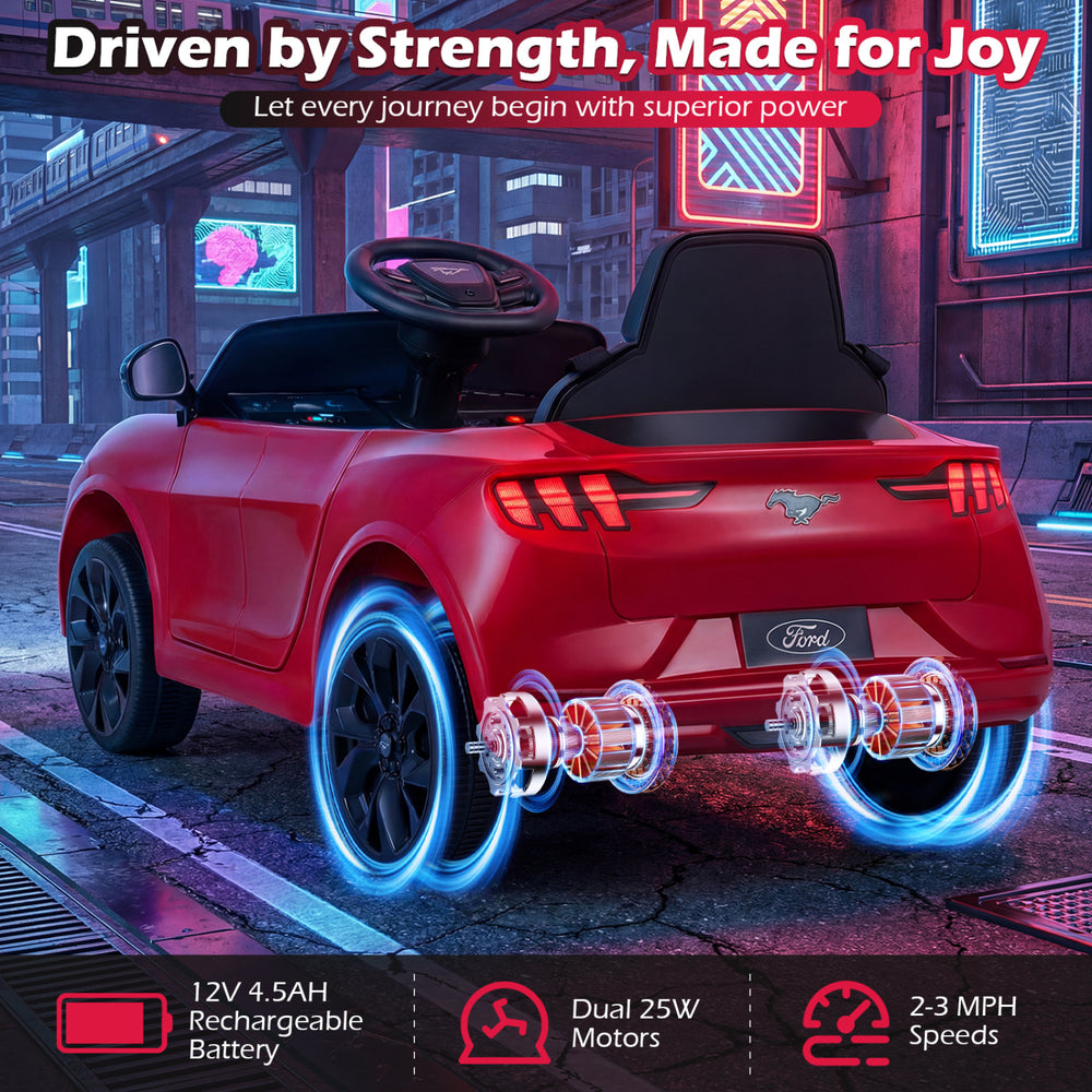 Red licensed Ford Mach E kids ride-on car with dual motors, 12V battery, and parent control for safe driving fun.