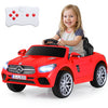 Red licensed Mercedes-Benz 12V kids ride-on car with remote control, LED headlights, and music features for fun driving.