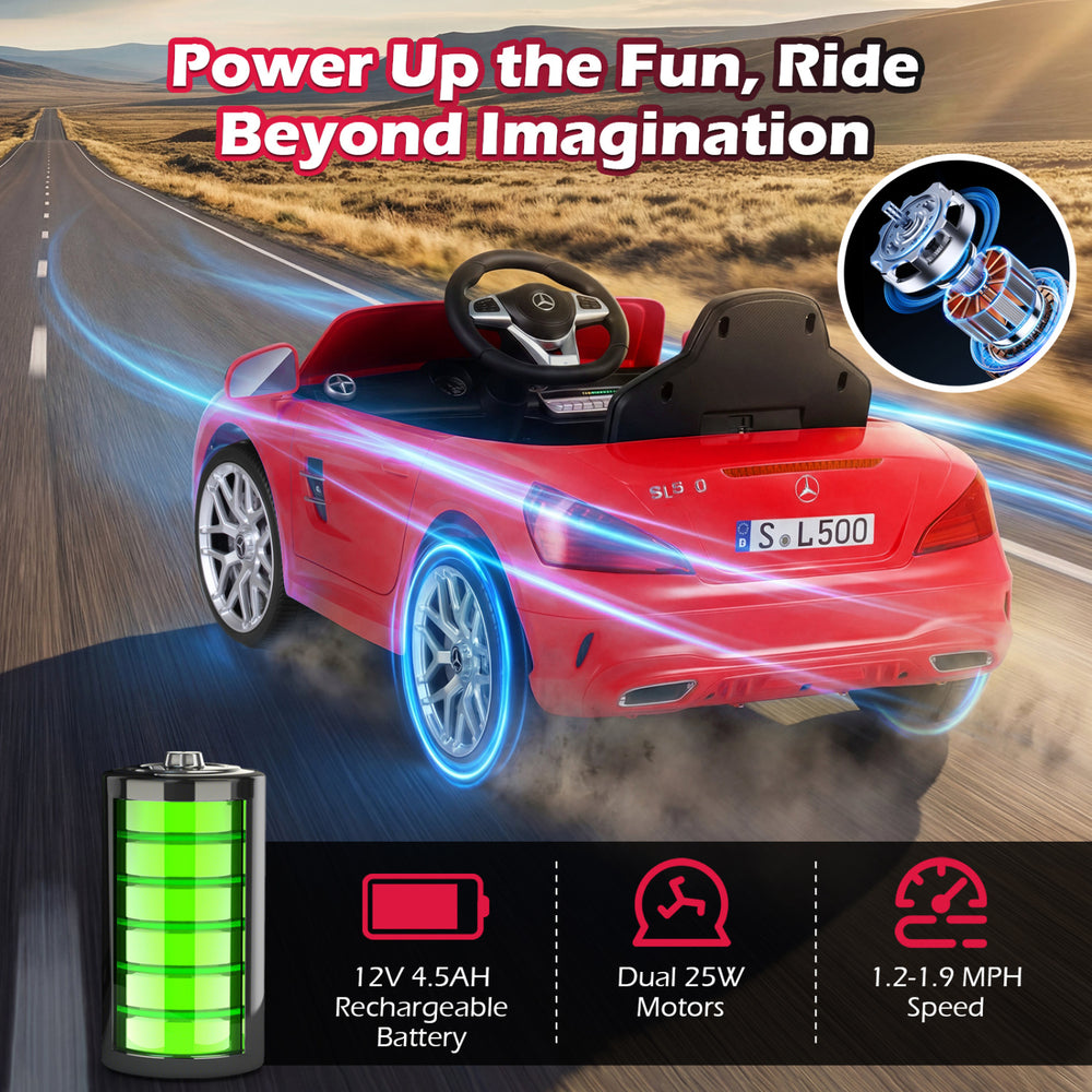 Red 12V kids ride-on car with remote control, LED headlights, and dual motors for fun outdoor adventures.