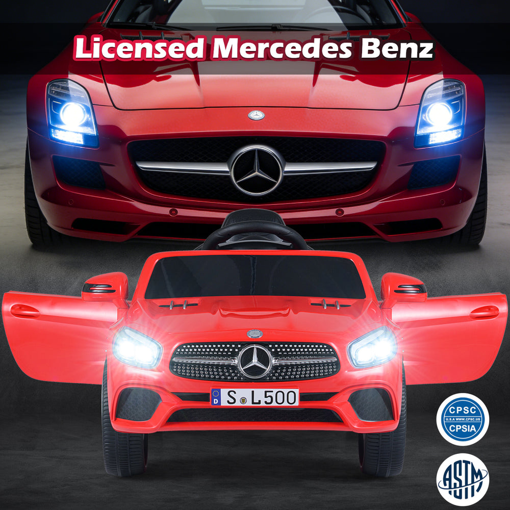 Licensed Mercedes-Benz 12V kids ride-on car in red with LED headlights, remote control, and music for fun outdoor play.