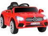 Red licensed Mercedes-Benz kids ride-on car with LED headlights, remote control, and music features for fun outdoor.
