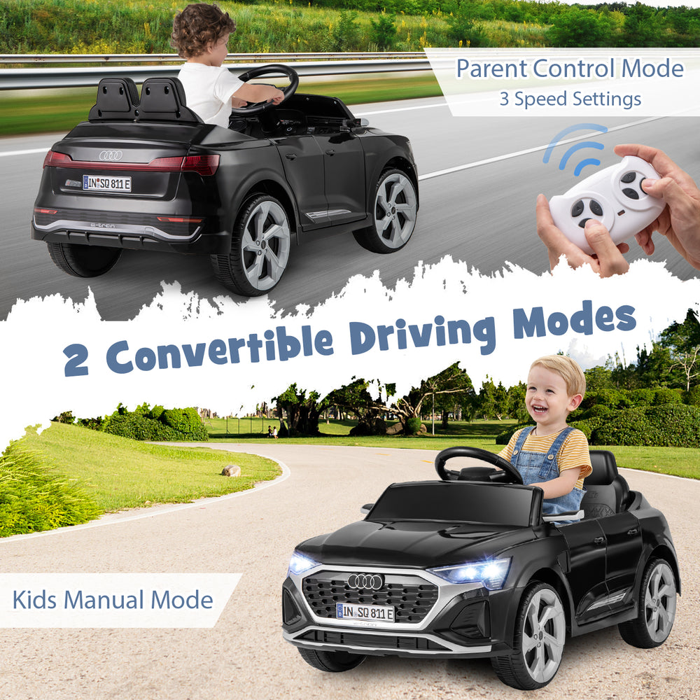 Licensed Audi SQ8 kids ride-on car in black, featuring remote control, 3 speeds, and convertible driving modes for safe.