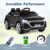 Black 12V kids ride-on car licensed Audi SQ8 with remote control, featuring 2 motors and 3 speed options for safe fun.