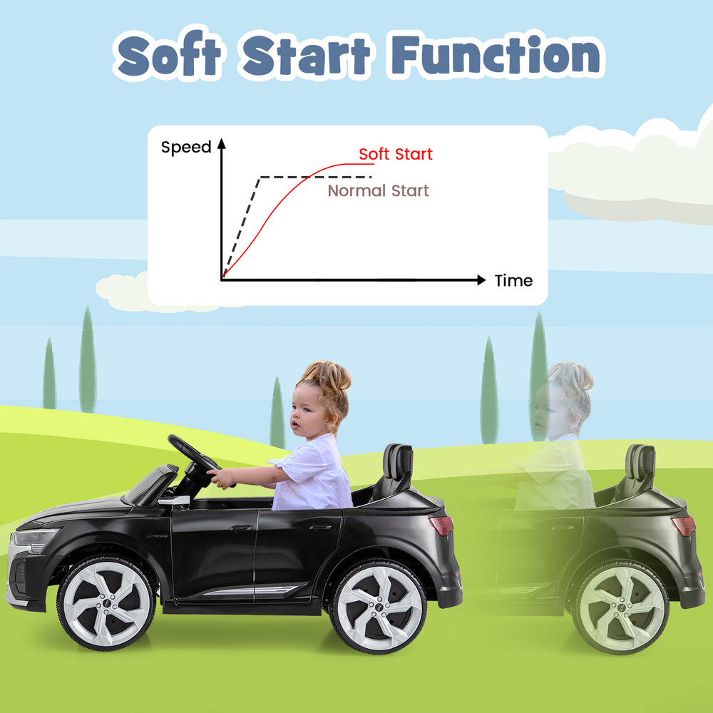 Kids ride-on car licensed Audi SQ8 in black, featuring soft start function and remote control for safe driving fun.