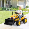 Kid's yellow ride-on excavator with adjustable digging bucket, remote control, and safety features for outdoor fun.