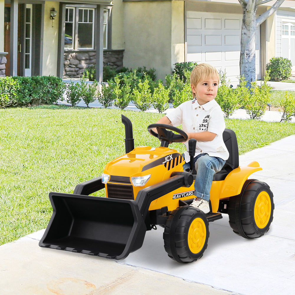 Kid's yellow ride-on excavator with adjustable digging bucket, remote control, and safety features for outdoor fun.
