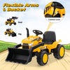 Kid's 12V ride-on excavator in yellow with adjustable digging bucket, remote control, and safety features for outdoor.