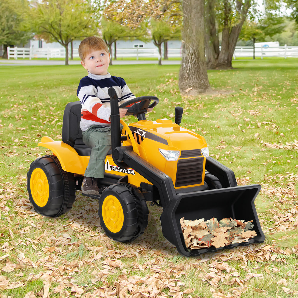 Yellow 12V kid's ride-on excavator with adjustable bucket, parental remote control, and sturdy wheels for outdoor.