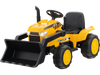 Yellow 12V kid's ride-on excavator with adjustable digging bucket, remote control, and LED headlights for safe play.