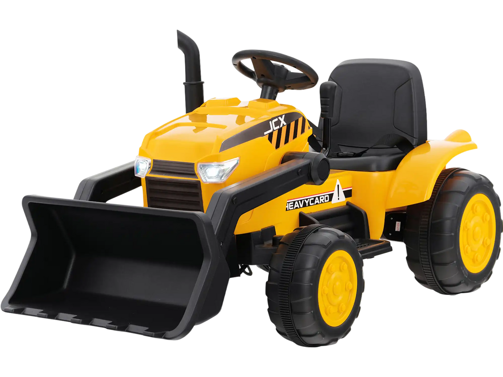 Yellow 12V kid's ride-on excavator with adjustable digging bucket, remote control, and LED headlights for safe play.