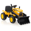 Yellow 12V kid's ride-on excavator with adjustable digging bucket, remote control, and safety features for outdoor fun.