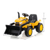 Kid's yellow ride-on excavator with adjustable digging bucket, dimensions 45x23x23.5 inches, perfect for outdoor.