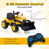 Yellow 12V kid's ride-on excavator with adjustable digging bucket, featuring 2.4G remote control for safe operation.