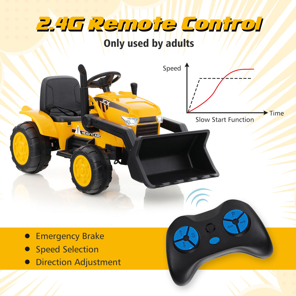 Yellow 12V kid's ride-on excavator with adjustable digging bucket, featuring 2.4G remote control for safe operation.