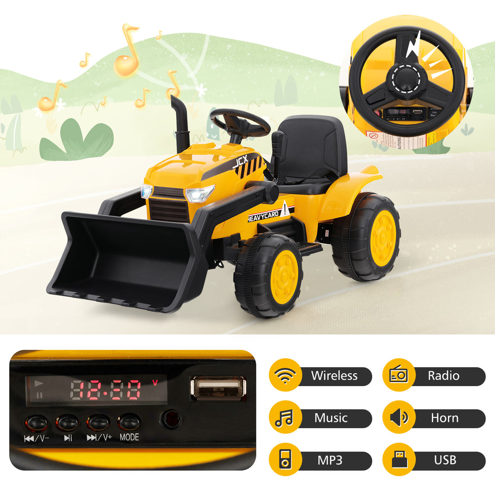 Kid's yellow ride-on excavator with adjustable digging bucket, remote control, and MP3 function for outdoor fun.