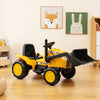 Kid's yellow ride-on excavator with adjustable digging bucket, remote control, and safety features for indoor play.