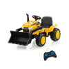 Yellow 12V kid's ride-on excavator featuring a smooth seat, safety belt, and adjustable digging bucket for secure.