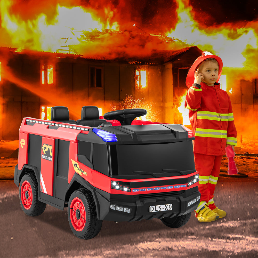12V kids ride-on fire truck in red with remote control, water gun, and two seats for outdoor fun and imaginative play.