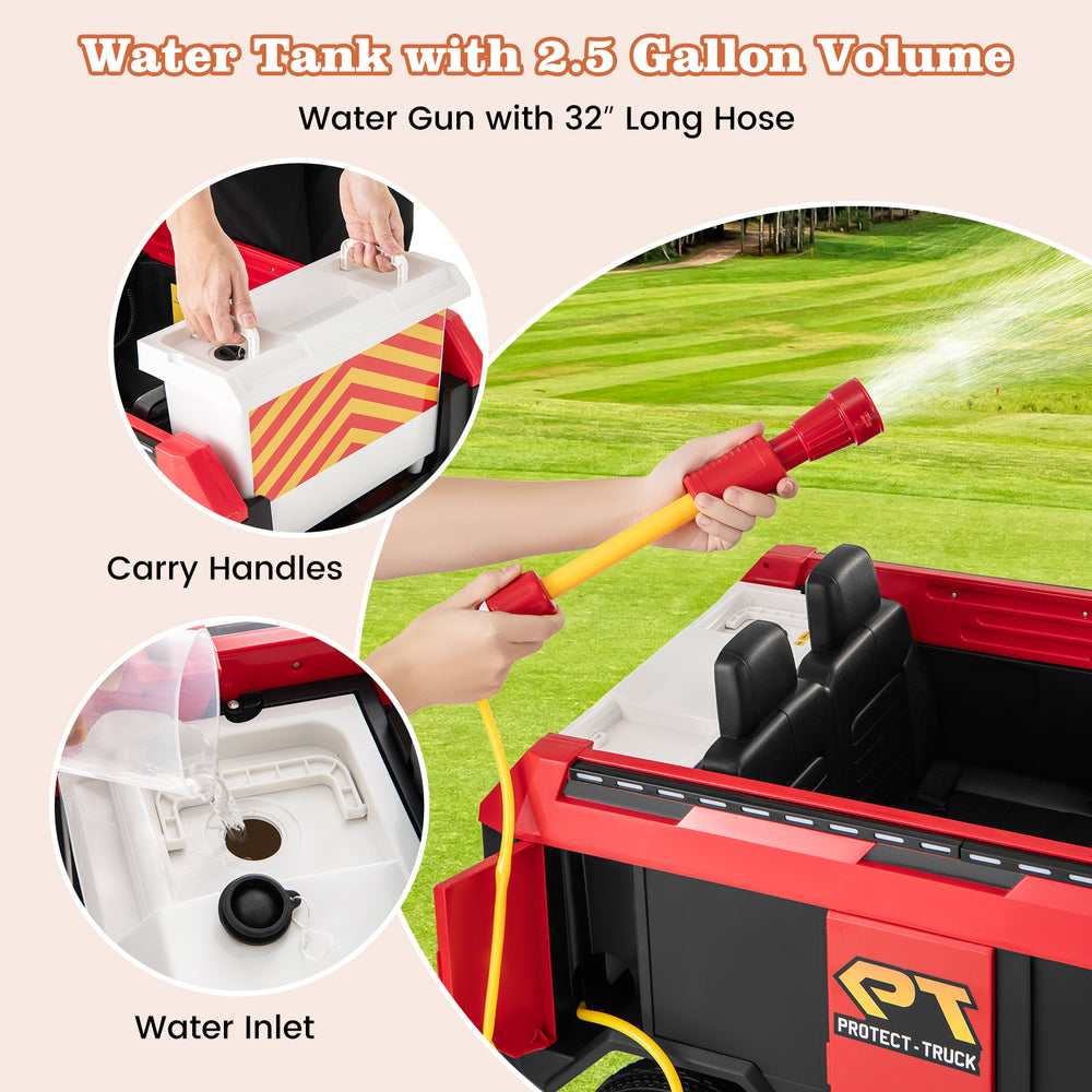 Water tank with 2.5-gallon volume and carry handles on the 12V kids ride-on fire truck for extended playtime.