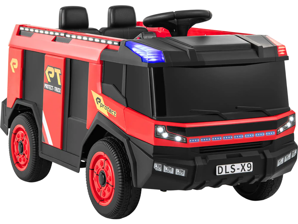Red 12V kids ride-on fire truck with remote control, water gun, and two seats for fun outdoor playtime.