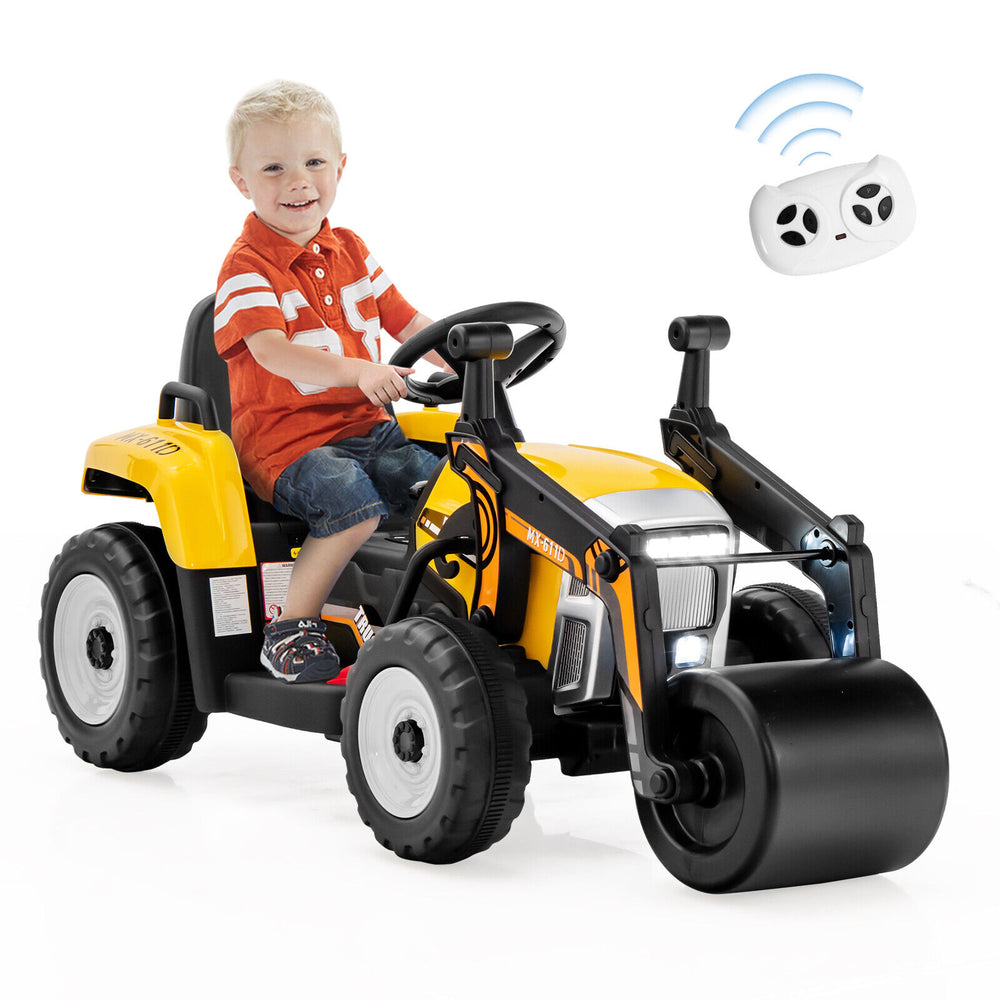 Kids ride-on road roller in yellow with remote control, featuring adjustable drum and LED headlights for fun outdoor.
