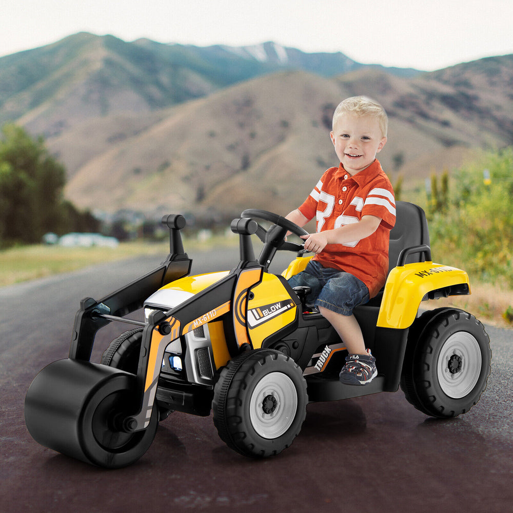 Kids ride-on road roller in yellow with remote control, featuring adjustable drum roller and realistic design for fun.