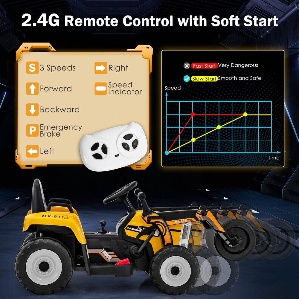 12V kids ride on road roller in yellow with 2.4G remote control, featuring adjustable drum roller and safety belt for.