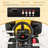 Control panel of the 12V kids ride on road roller in yellow, featuring USB port, volume buttons, and driving controls.