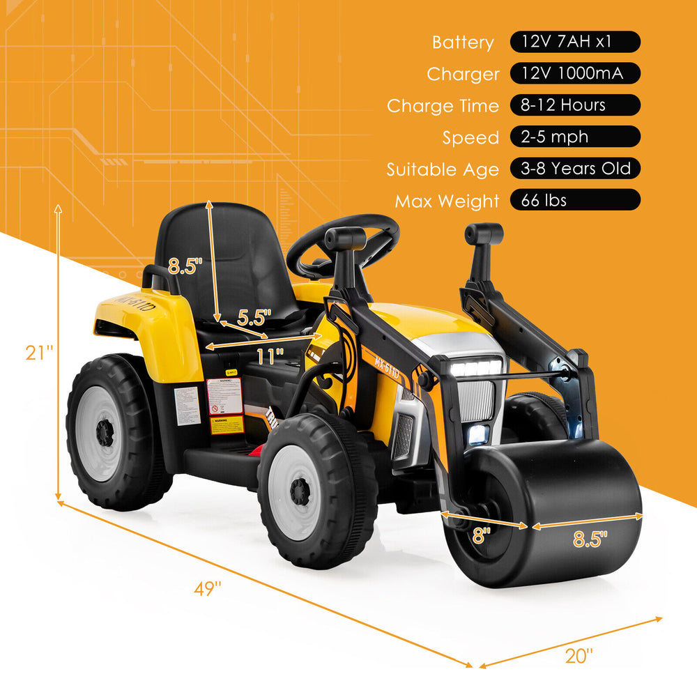 Kids ride on road roller in yellow with adjustable drum roller, suitable for ages 3-8, featuring remote control and LED.