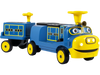 Bright blue 12V kids ride-on train with detachable carriage, featuring Chuggington design for fun and safe play.