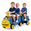 Three children enjoy riding the 12V Chuggington train with detachable carriage, designed for fun and safety.