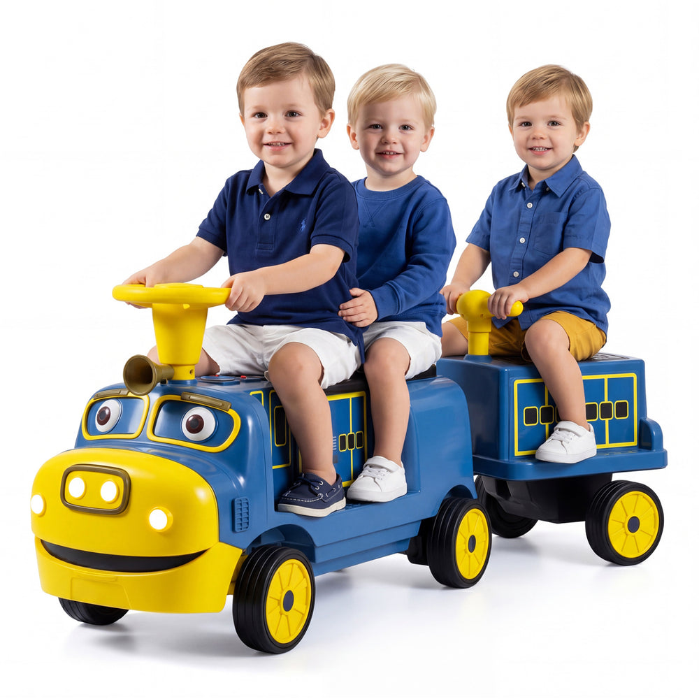 Three children enjoy riding the 12V Chuggington train with detachable carriage, designed for fun and safety.