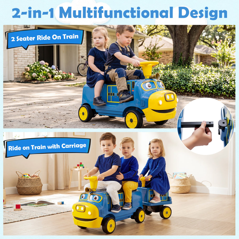 Kids ride-on train with detachable carriage, licensed Chuggington, designed for 2-3 children, perfect for outdoor fun.