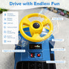 Bright yellow steering wheel of the 12V kids ride-on train with MP3 player, battery display, and high/low speed switch.