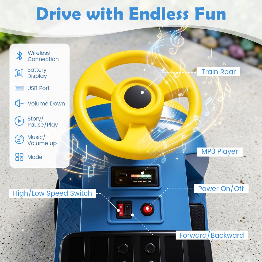 Bright yellow steering wheel of the 12V kids ride-on train with MP3 player, battery display, and high/low speed switch.