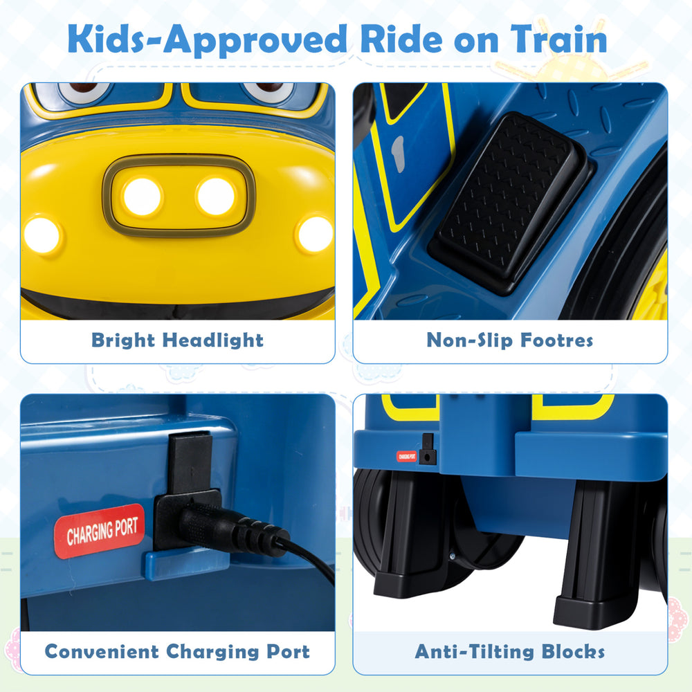 Close-up of the 12V Kids Ride on Train's bright headlight, non-slip footrest, and convenient charging port for safe.