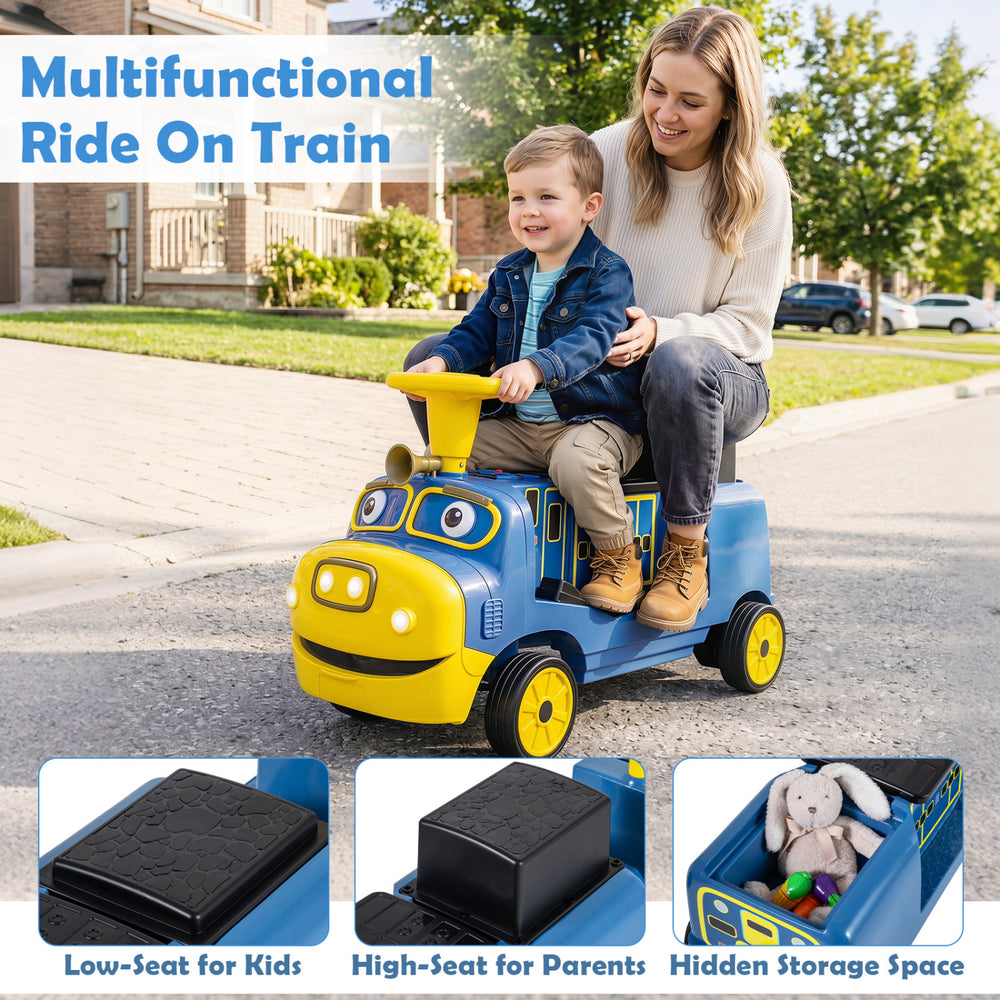 Multifunctional 12V kids ride-on train in blue with detachable carriage, featuring low-seat for kids and hidden storage.
