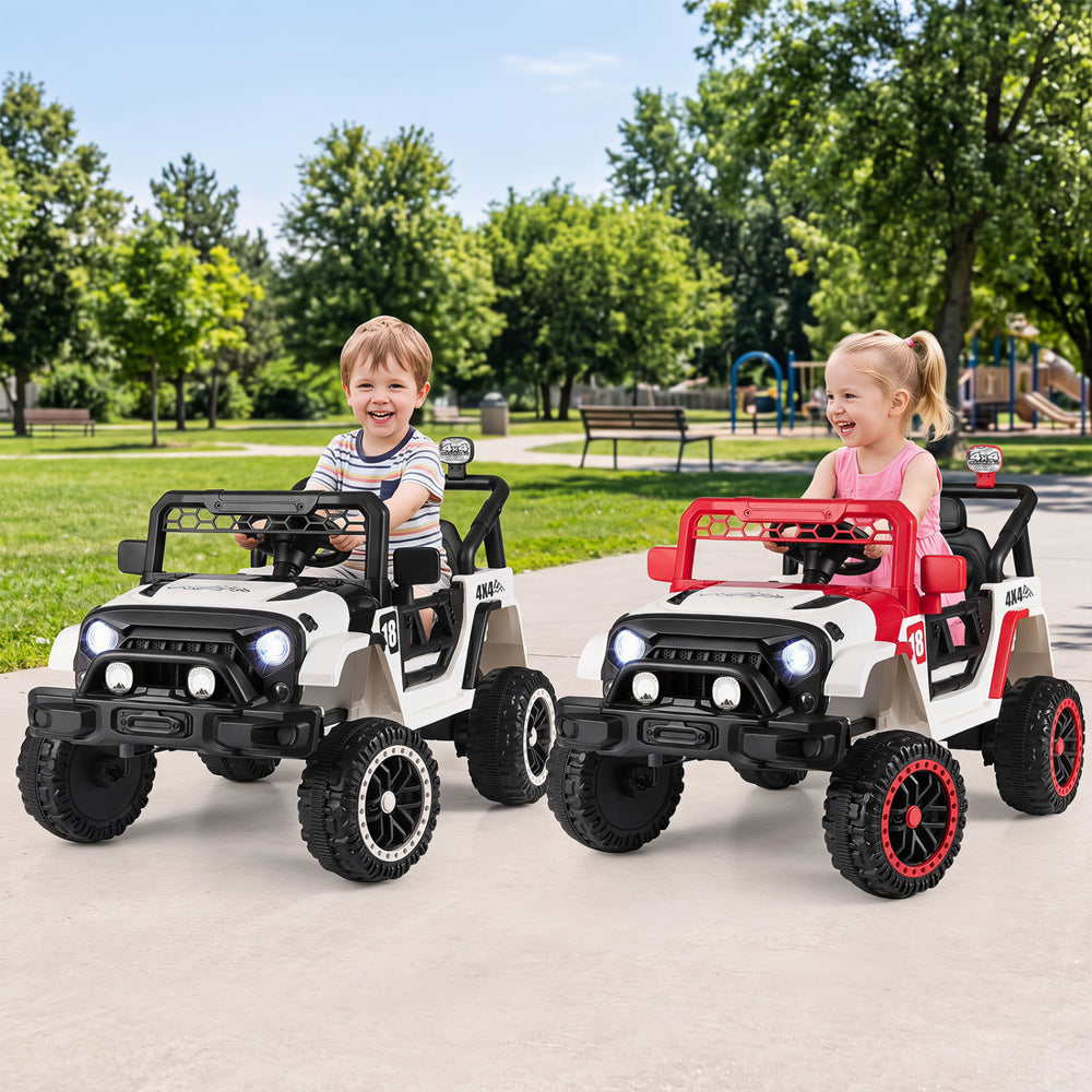 Kids ride-on truck in red with remote control, 3 speeds, and adjustable harness for safe outdoor fun.