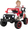 Red 12V kids ride-on truck with remote control, 3 speeds, and 4-wheel suspension for outdoor adventures.