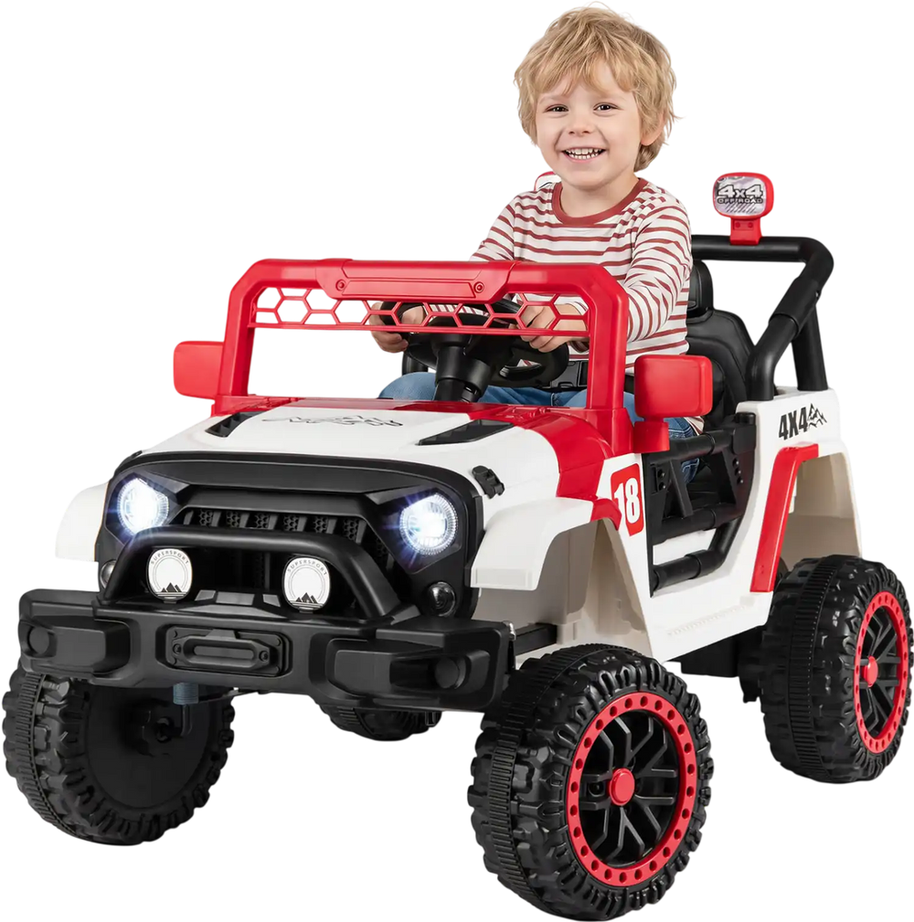 Red 12V kids ride-on truck with remote control, 3 speeds, and 4-wheel suspension for outdoor adventures.