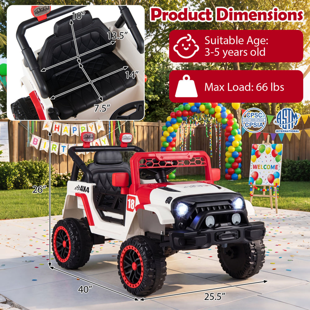 Red 12V kids ride-on truck with remote control, 3 speeds, and comfortable 14" seat for children aged 3-5 years.