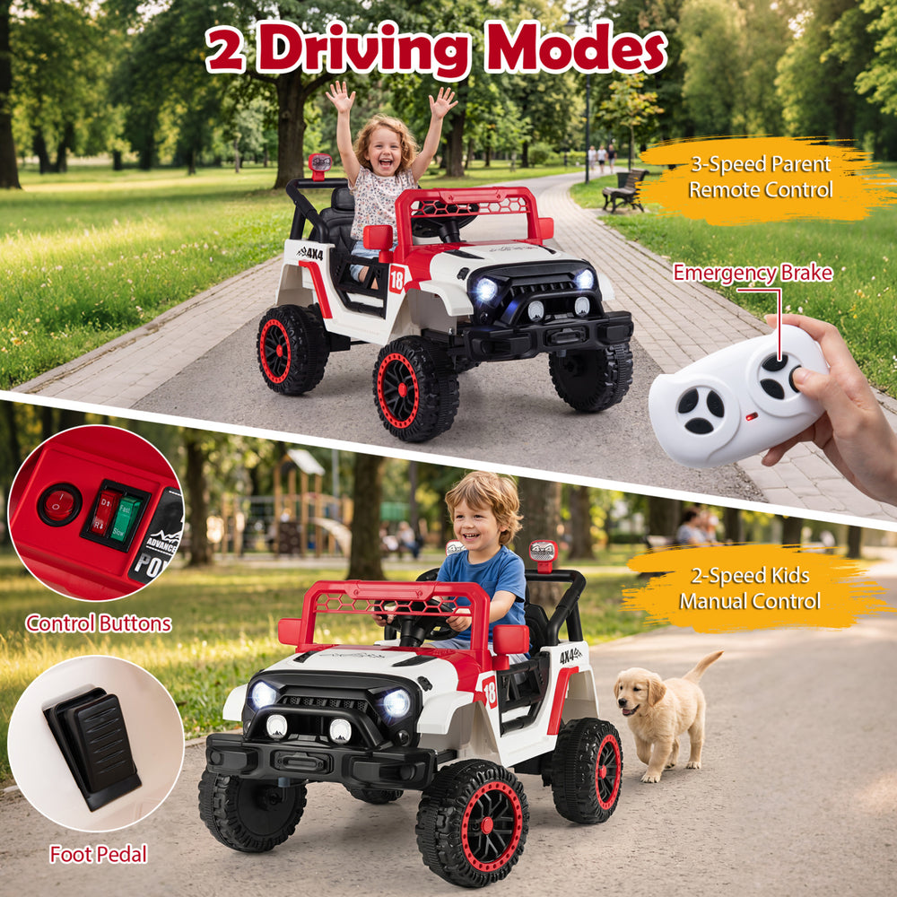 12V red kids ride-on truck features 2-speed manual control, 3-speed remote control, and a comfortable 14" seat for ages 3-5.